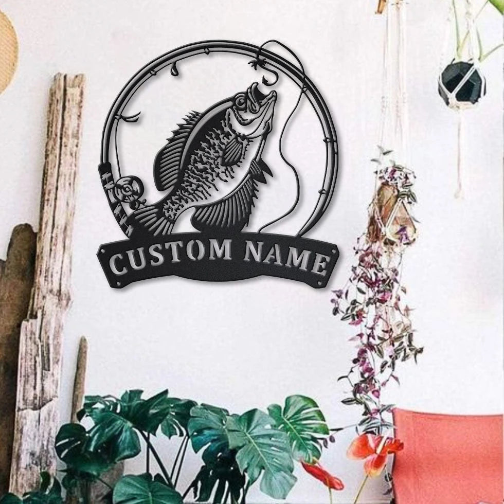 Personalized Black Crappie Fishing Fish Pole Metal Sign Art, Custom Black Crappie Fishing Metal Sign, Black Crappie Fishing Gift Laser Cut Metal Signs Custom Gift Ideas