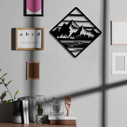 Black Metal Mountain Landscape In Geometric Shape ,metal Mountain Scenery Wall Art ,metal Mountain Scenery Home Decor, Metal Laser Cut Metal Signs Custom Gift Ideas
