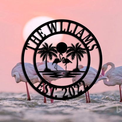 Personalized Name And Date Flamingo Metal Sign, Palm Art Laser Cut Metal Signs Custom Gift Ideas