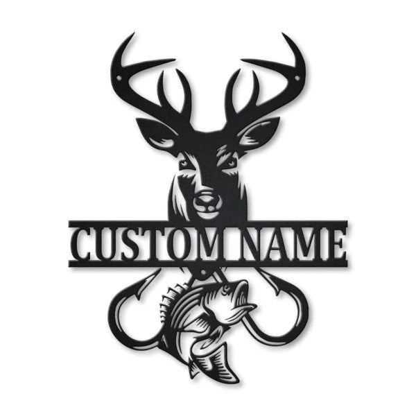 Deer Fish Hook Personalized Monogram Metal Wall Decor, Cut Metal Sign, Metal Wall Art, Metal House Sign Laser Cut Metal Signs Custom Gift Ideas