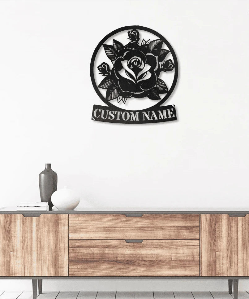 Custom Name Vintage Rose Metal House Sign