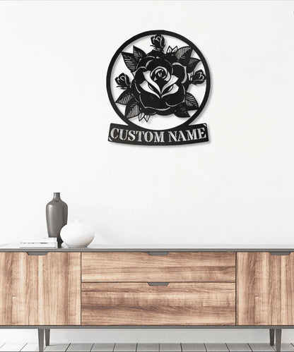 Custom Name Vintage Rose Metal House Sign