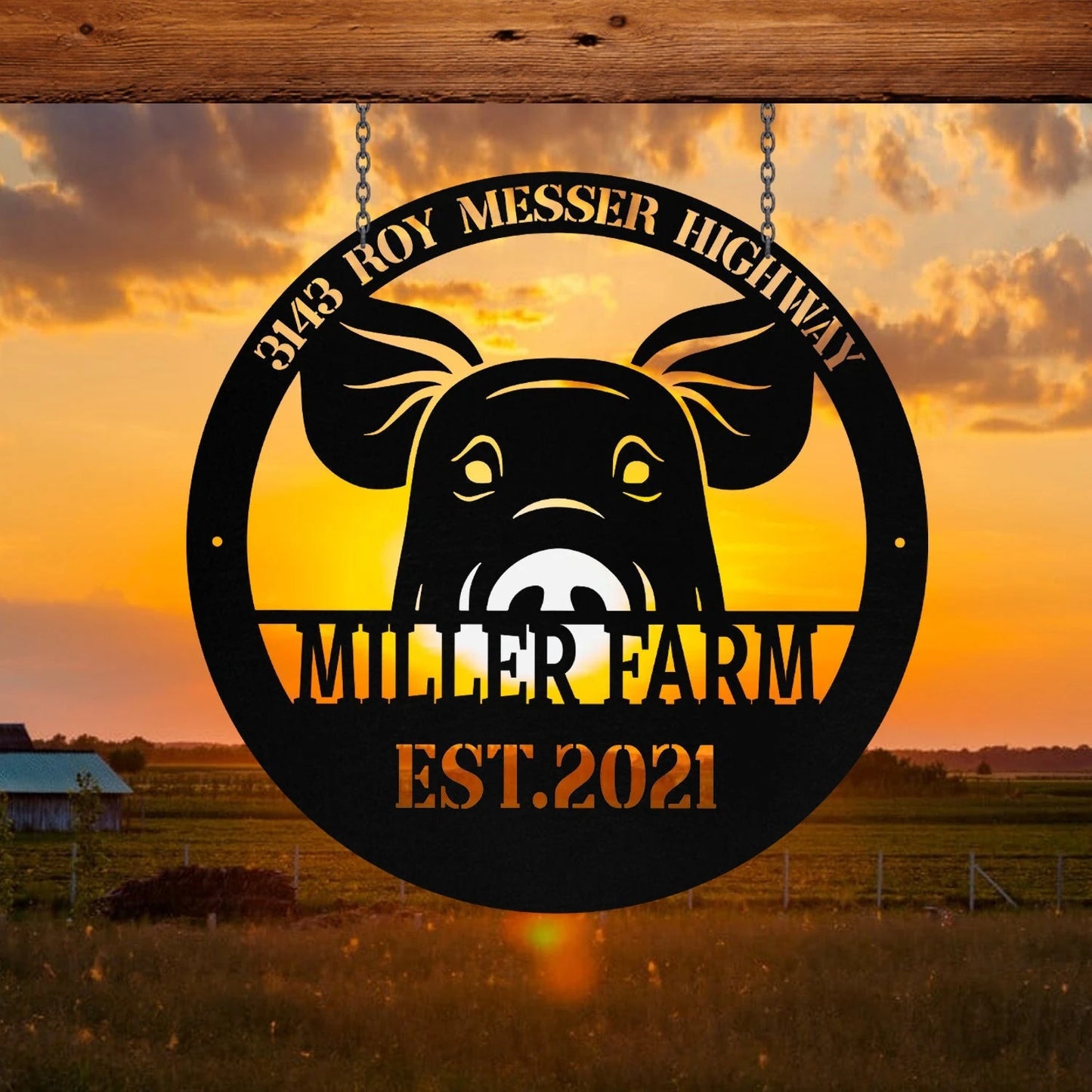 Personalized Metal Farm Sign Pig Monogram Custom Outdoor Farmhouse Front Gate Entry Road Wall Decor Art Gift