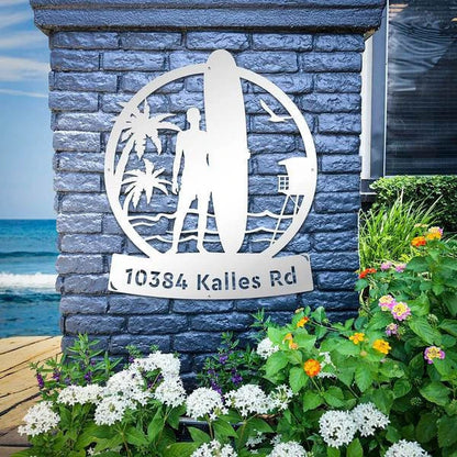 Longboard Male Surfer Monogram Cut Metal Sign Metal House Sign