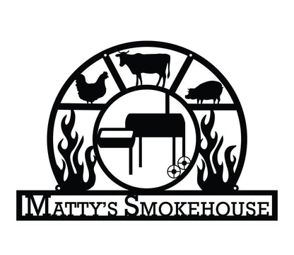 Custom Smokehouse Bbq Metal Sign, Personalized Flaming Grill, Barbeque, Barbecue, Smoker Decor, Green Egg, Traeger, Outdoor Sign, Bbq Grill Laser Cut Metal Signs Custom Gift Ideas