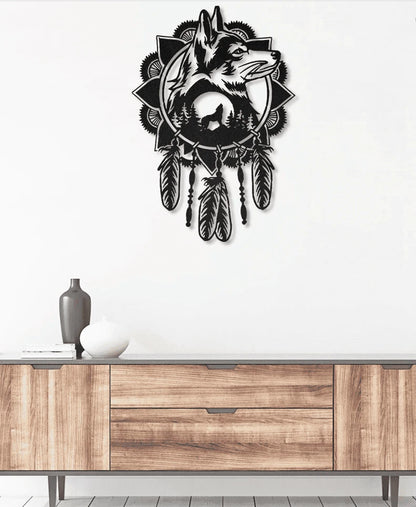 Native Wolf Dream Catcher Metal House Sign