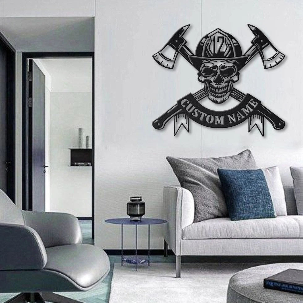Personalized Firefighter Skull Metal Sign Art, Custom Firefighter Skull Monogram Metal Sign, Firefighter Gifts, Job Gift Laser Cut Metal Signs Custom Gift Ideas