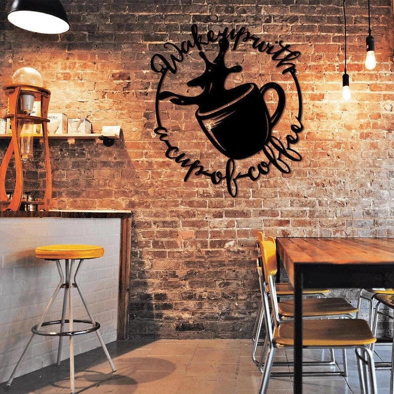 Coffee Bar Metal Wall, Wake Up With A Cup Of Coffee Metal Sign, Coffee Store Wall Art Decor, Gift For Coffee Lover, Bar Sign Laser Cut Metal Signs Custom Gift Ideas