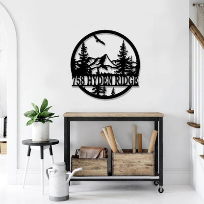 Mountain Pine Tree Laser Cut Metal Sign Personalized Address Metal Sign Customized Address Door Hanger Nature Scene Monogram Sign