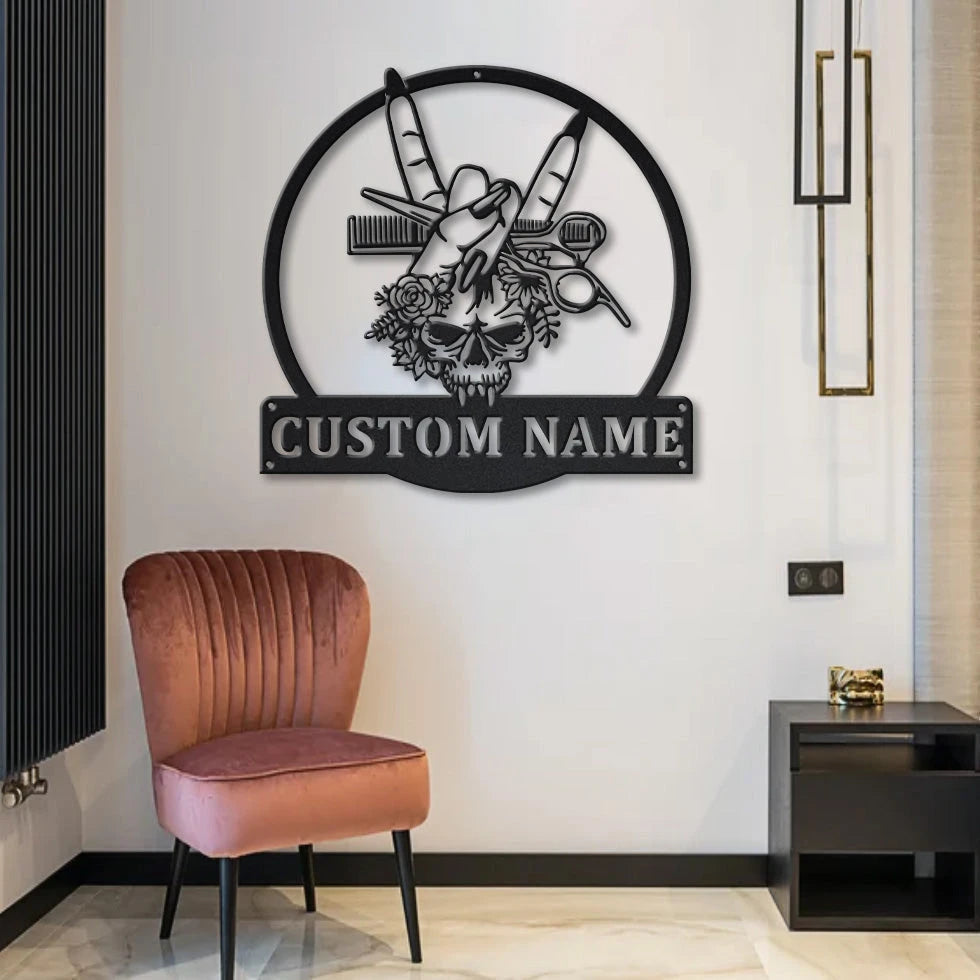 Hair Hustler Skull Flower Personalized Metal House Sign