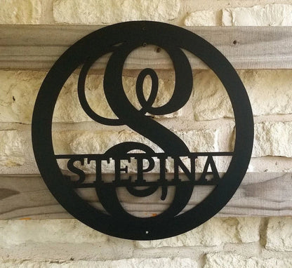 Custom Monogram, Metal Wall Art, Personalized Name Circle Monogram Cursive Font, Plasma Cut Steel Sign ,steel Art, Powder Coated, Handmade Laser Cut Metal Signs Custom Gift Ideas