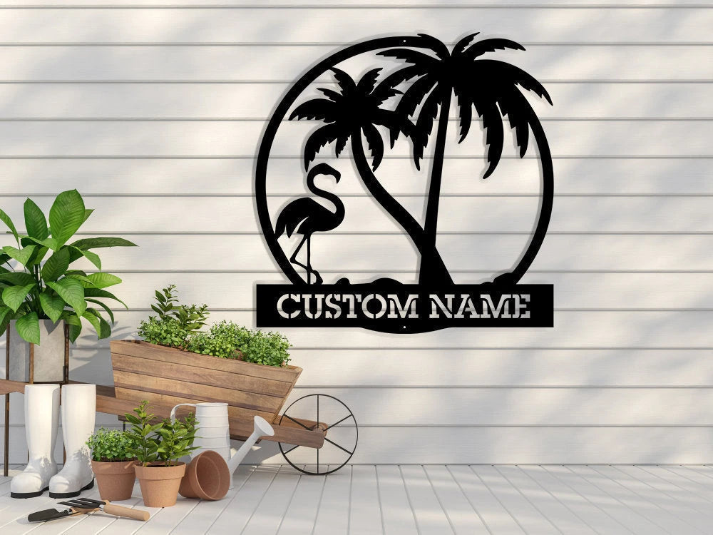 Flamingo And Palm Trees Family Custom Metal Sign Wedding Gift Personalized Gift Metal Wall Art Personalized Family Name Metal Sign Laser Cut Metal Signs Custom Gift Ideas