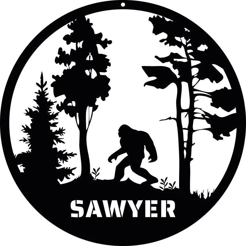 Round Bigfoot Mountain Personalized Metal Sign, Sasquatch Custom Name, Sasquatch Sign, Gifts For Him Wall Hanging, Lodge Cabin Decor Laser Cut Metal Signs Custom Gift Ideas