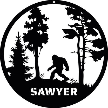 Round Bigfoot Mountain Personalized Metal Sign, Sasquatch Custom Name, Sasquatch Sign, Gifts For Him Wall Hanging, Lodge Cabin Decor Laser Cut Metal Signs Custom Gift Ideas