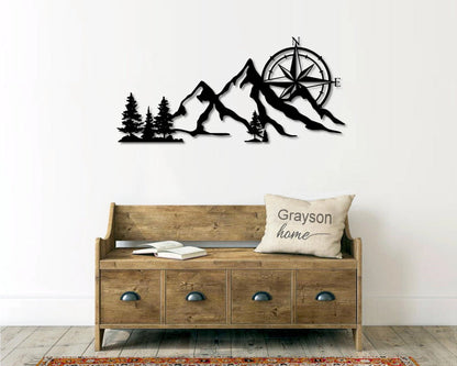 Ne Compass Rose Mountain Scene Metal Sign, Metal Farmhouse Decor, Metal Wall Art, East Coast Metal Mountain Sign, Northeast, Adventure Laser Cut Metal Signs Custom Gift Ideas