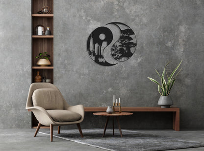 Yin Yang 2PCS Metal Wall Decor, City & Forest, Metal Wall Art, Housewarming Gift, Home Decor, Office Decor,, Metal Laser Cut Metal Signs Custom Gift Ideas