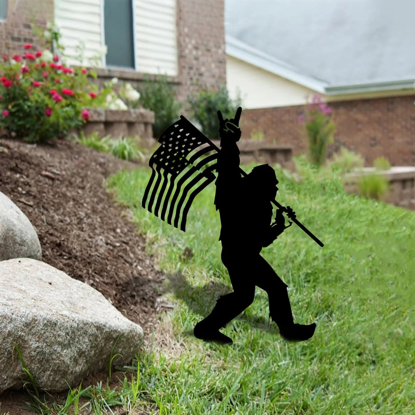 Bigfoot Say Hi American Flag Metal Yard Sign, Bigfoot Camping Metal Art Laser Cut Metal Signs Custom Gift Ideas