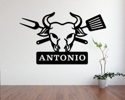 Bull Head, Personalized Metal Bbq Sign, Dad's Bbq Wall Art Sign, Grill Father Bull Head, Custom Name Sign, Barbecue Outdoor, Metal Sign Laser Cut Metal Signs Custom Gift Ideas