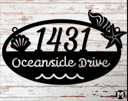 Hanging Beach House Address Sign, Nautical, Seashells, Mermaid, Tropical Custom Metal Address Sign, Beach House Decor, Laser Cut Metal Signs Custom Gift Ideas