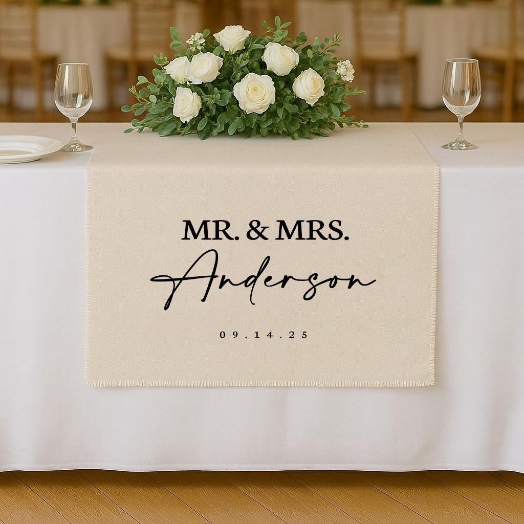 Wedding Table Runner, Personalized Last Name Sign, Custom Linen Wedding Banner, Sweetheart Table Decor, Wedding Reception ...