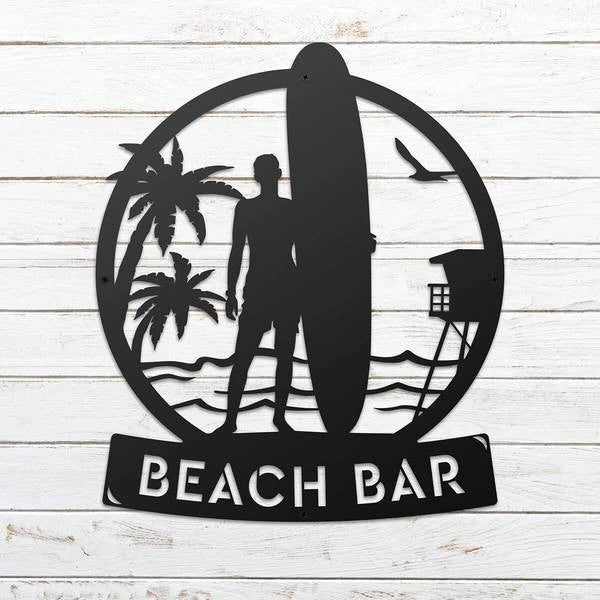 Longboard Male Surfer Monogram Cut Metal Sign Metal House Sign