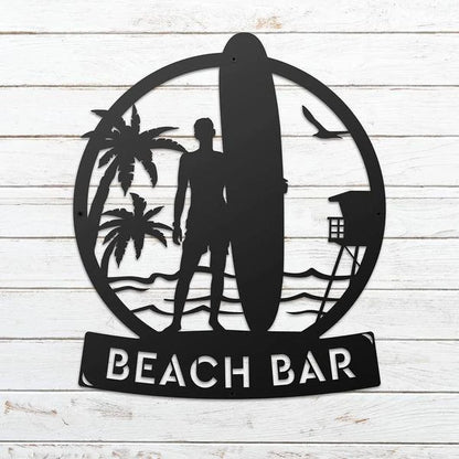 Longboard Male Surfer Monogram Cut Metal Sign Metal House Sign