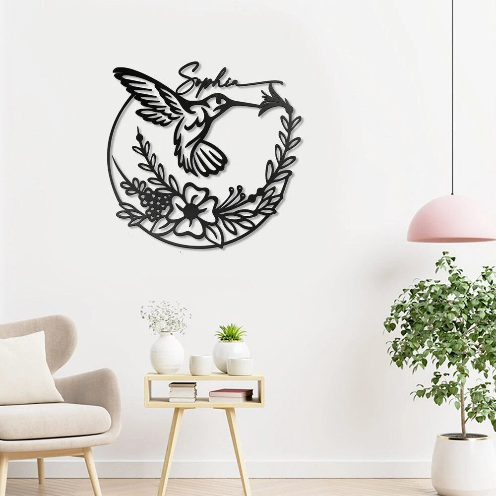 Custom Name Hummingbird Flower Metal House Sign