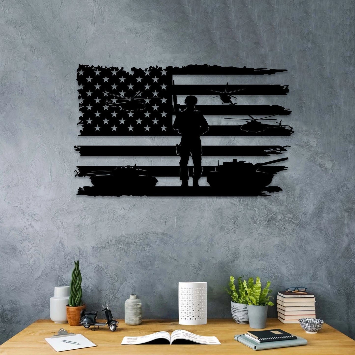 Soldier Tank Helicopter American Flag Veteran Metal Art, Patriot Day Gift, Metal Laser Cut Metal Signs Custom Gift Ideas