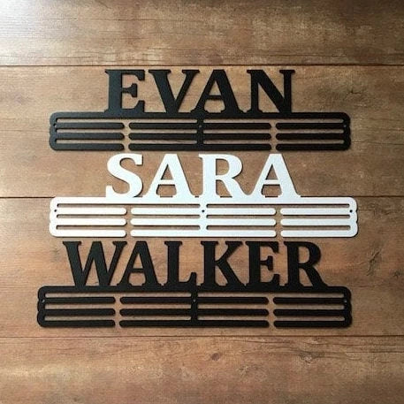 Custom Name Medal Hanger Holder Display Rack 3 Rung, Cut Metal Sign, Metal Wall Art, Laser Cut Metal Signs Custom Gift Ideas