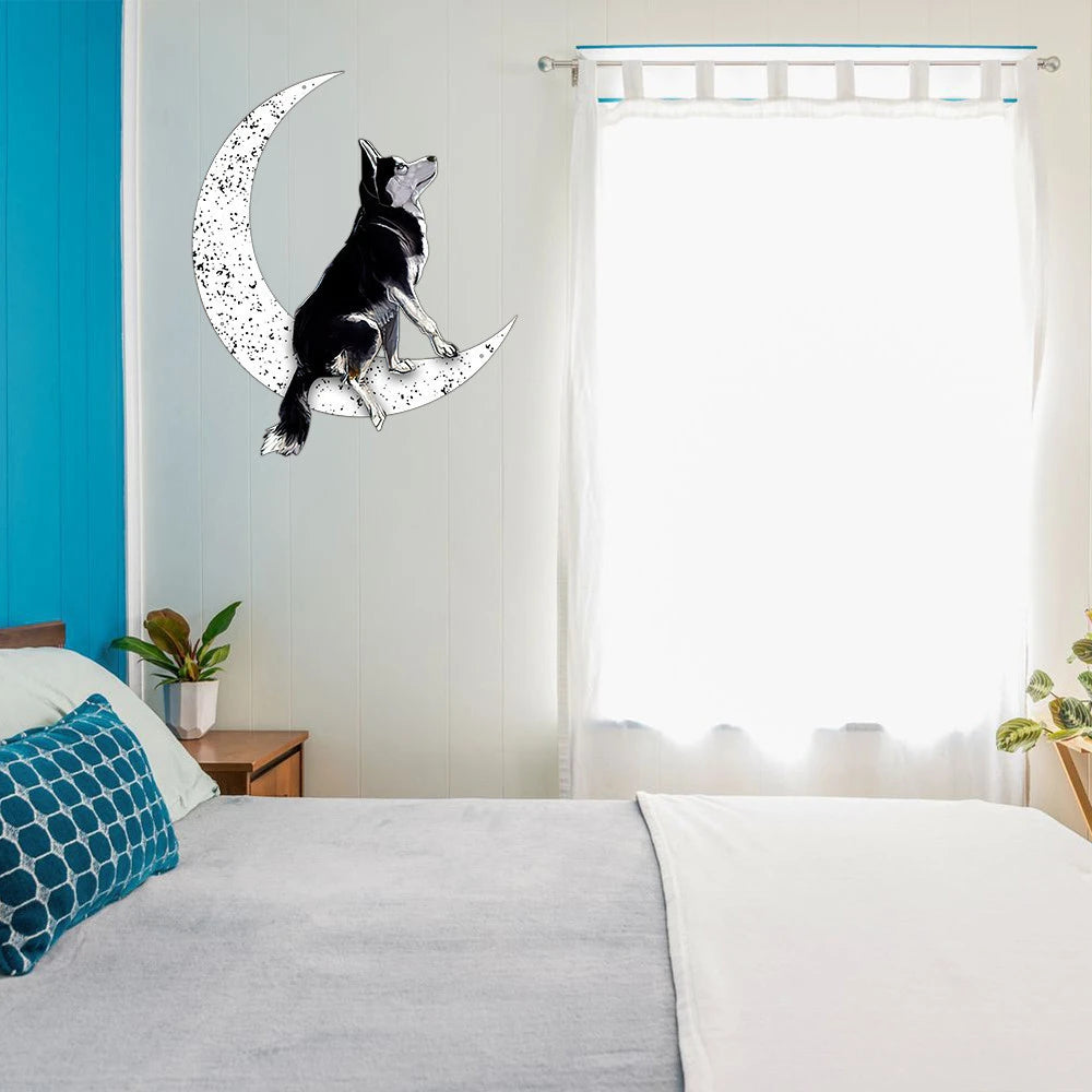 Dog Metal Sign Black Siberian Husky Sit On The Moon Gift for Dog Lover
