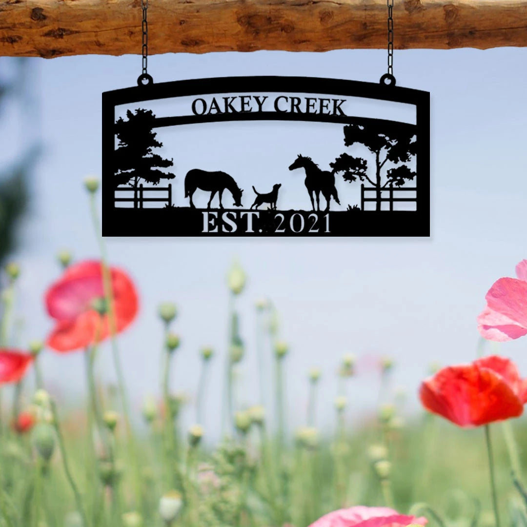 Personalized Metal Horse Dog Sign Monogram Custom Outdoor Farm Farmhouse Ranch Stable Acres Wall Decor Art Gift