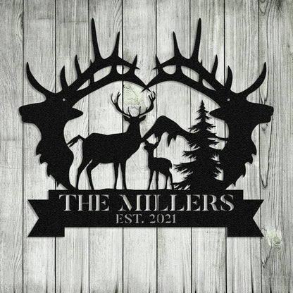 Personalized Family Name Date Deer Fawn Hunting Hunter Metal Sign Monogram Custom Outdoor Cabin Lodge Camp Wall Decor Art Gift For Him Dad