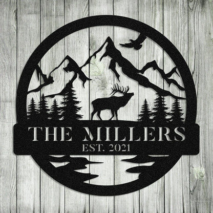 Personalized Family Name Date Elk Deer Hunting Hunter Metal Sign Monogram Custom Outdoor Cabin Lodge Camp Wall Decor Art Gift For Him Dad
