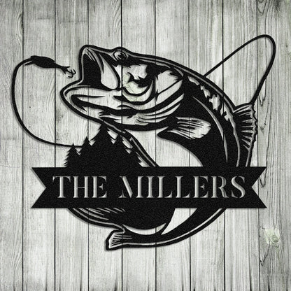 Personalized Name Bass Fish Fishing Metal Sign Monogram, Custom Outdoor Cabin, Wall Decor, Wedding Art Gift For Fisherman, Metal Laser Cut Metal Signs Custom Gift Ideas