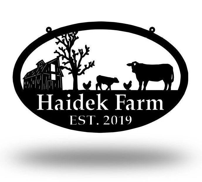 Metal Farm Sign ,barn And Cow And Chickens Personalized Family Name Metal Sign Wedding Gift Personalized Gift Metal Wall Art, Laser Cut Metal Signs Custom Gift Ideas