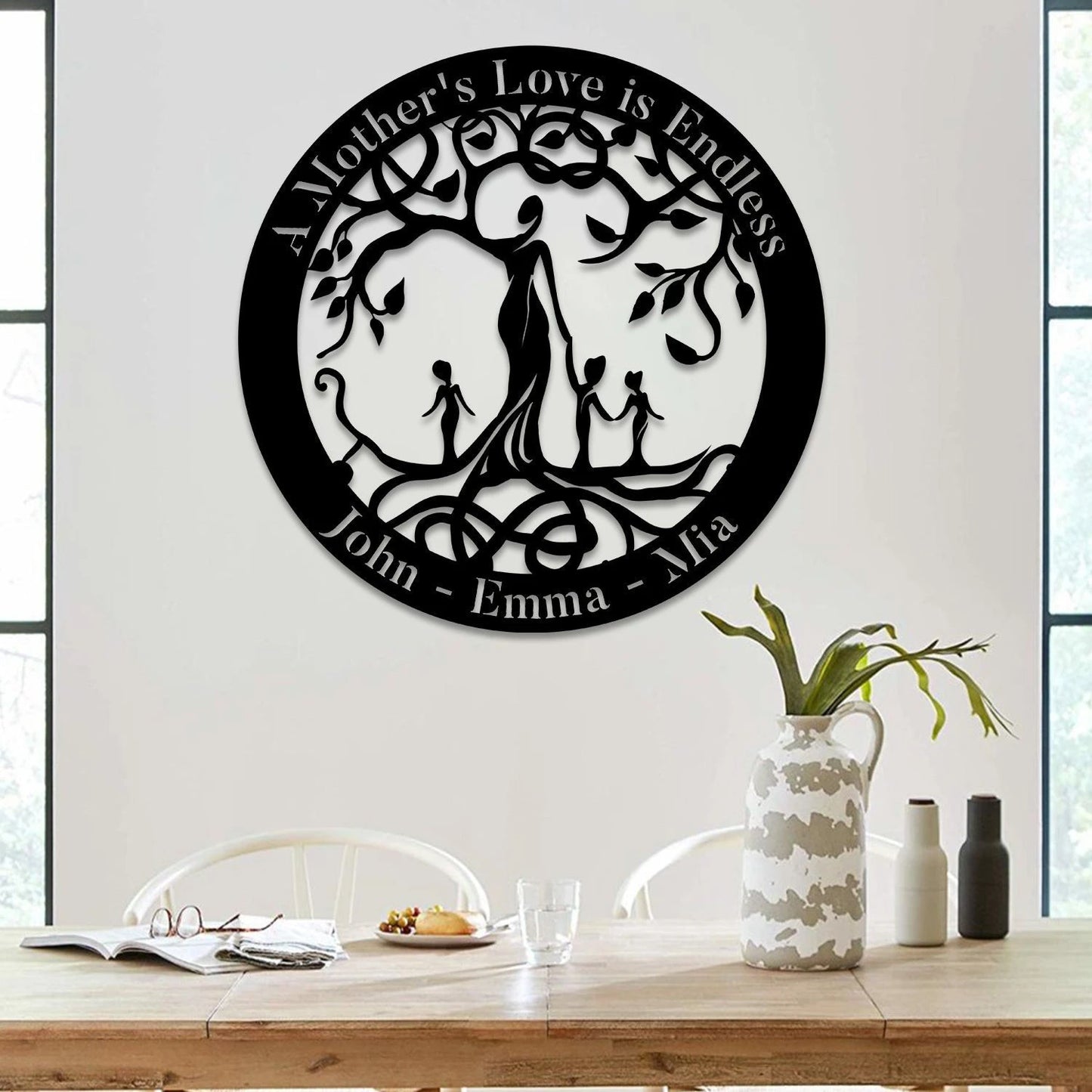 A Mother's Love Is Endless Tree Of Life Metal Sign, Mother And Three Children Steel Wall Hanger Laser Cut Metal Signs Custom Gift Ideas