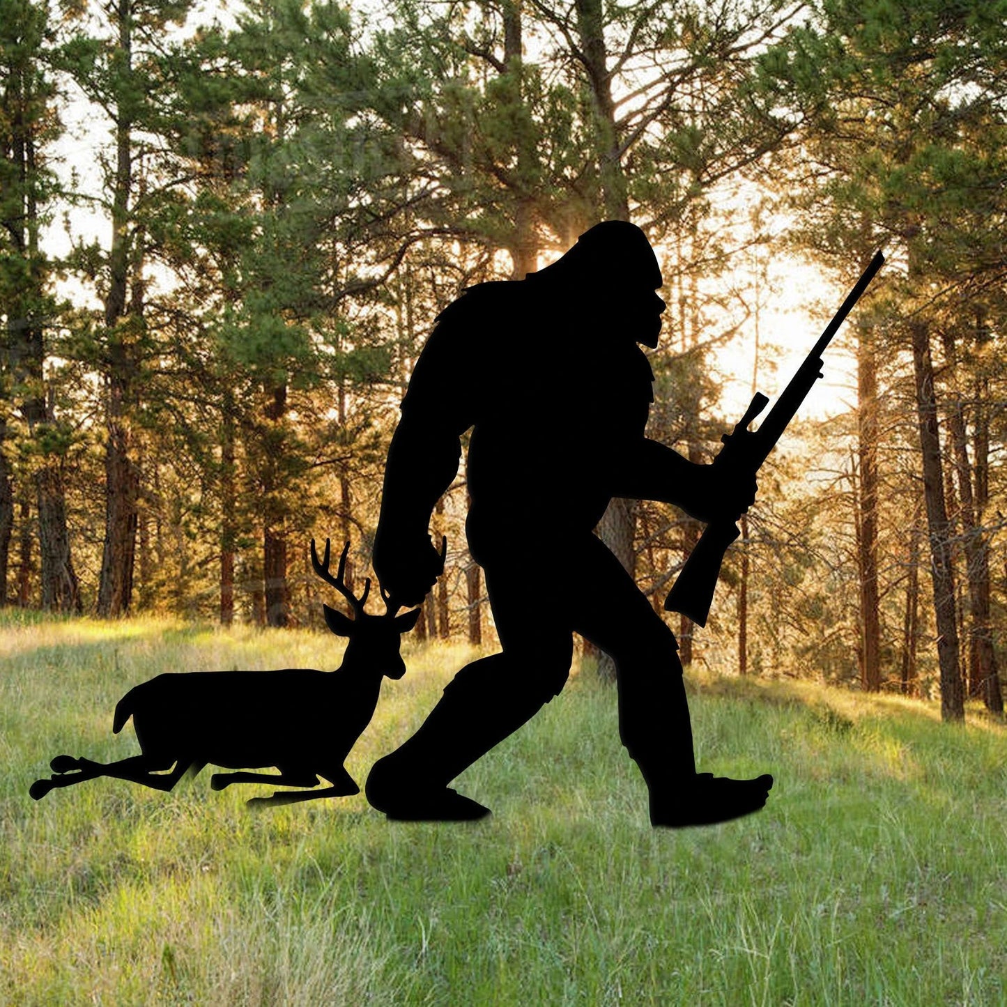 Bigfoot Hunting Deer Metal Yard Sign, Steel Hunter Art, Gift For Him Laser Cut Metal Signs Custom Gift Ideas