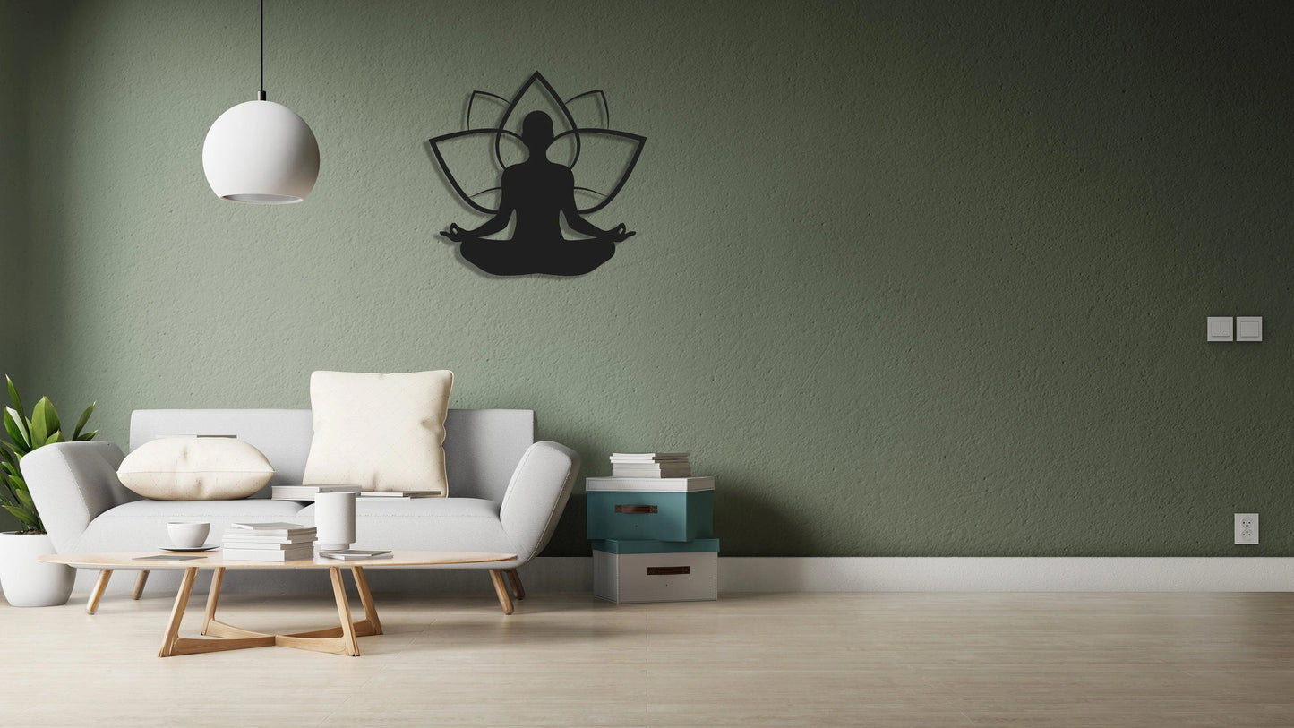 Lotus Flower With Yoga Pose Metal Wall Decor, Metal Wall Art, Housewarming Gift, Home Decor, Office Decor, Interior Design, Metal Laser Cut Metal Signs Custom Gift Ideas