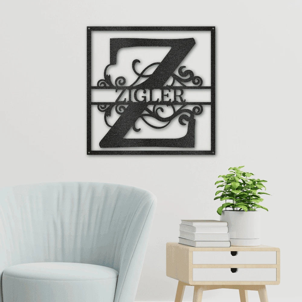 Personalized Split Square Monogram Steel Art Wall Dcor Metal Name Sign Laser Cut Metal Signs Custom Gift Ideas