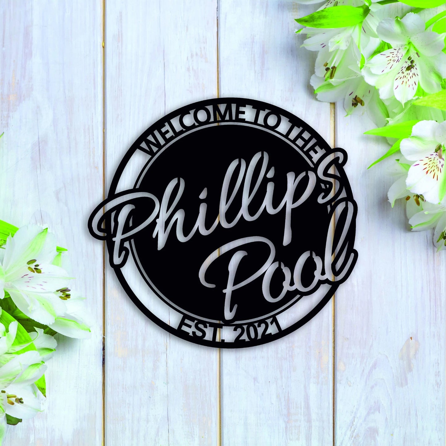 Personalized Welcome To The Pool With Established Date Metal Sign, Metal Last Name Sign, Personalized Metal Name Sign, Metal Wall Art Decor Laser Cut Metal Signs Custom Gift Ideas