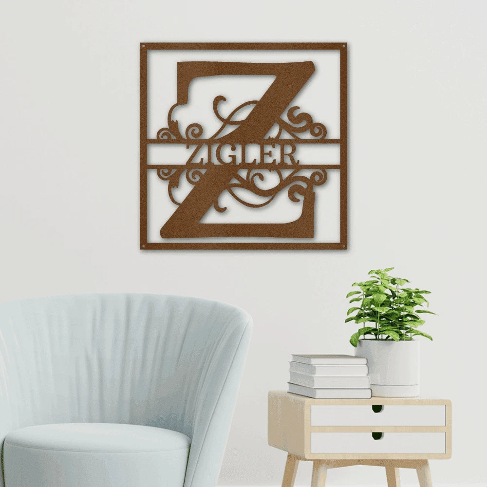 Personalized Split Square Monogram Steel Art Wall Dcor Metal Name Sign Laser Cut Metal Signs Custom Gift Ideas