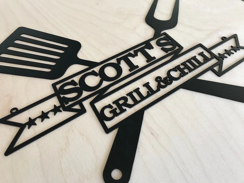 Personalized Bbq Grill Name Sign Custom Metal Wall Art Barbecue Outdoor Dad's Bbq Home Decor Housewarming Gift For Father, Papa Wall Hanging Laser Cut Metal Signs Custom Gift Ideas