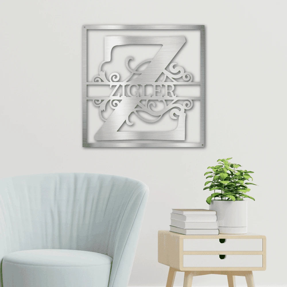 Personalized Split Square Monogram Steel Art Wall Dcor Metal Name Sign Laser Cut Metal Signs Custom Gift Ideas