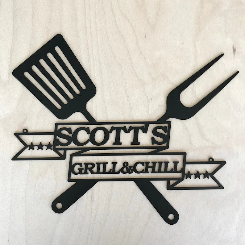 Personalized Bbq Grill Name Sign Custom Metal Wall Art Barbecue Outdoor Dad's Bbq Home Decor Housewarming Gift For Father, Papa Wall Hanging Laser Cut Metal Signs Custom Gift Ideas