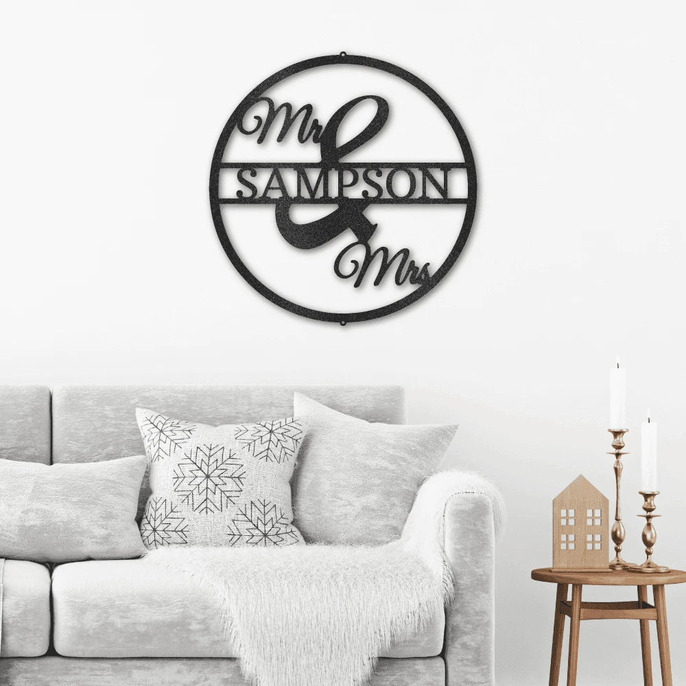Personalized Mr and Mrs Circle Monogram Steel Art Wall Decor Metal Name Sign Laser Cut Metal Signs Custom Gift Ideas