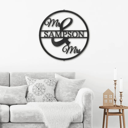 Personalized Mr and Mrs Circle Monogram Steel Art Wall Decor Metal Name Sign Laser Cut Metal Signs Custom Gift Ideas
