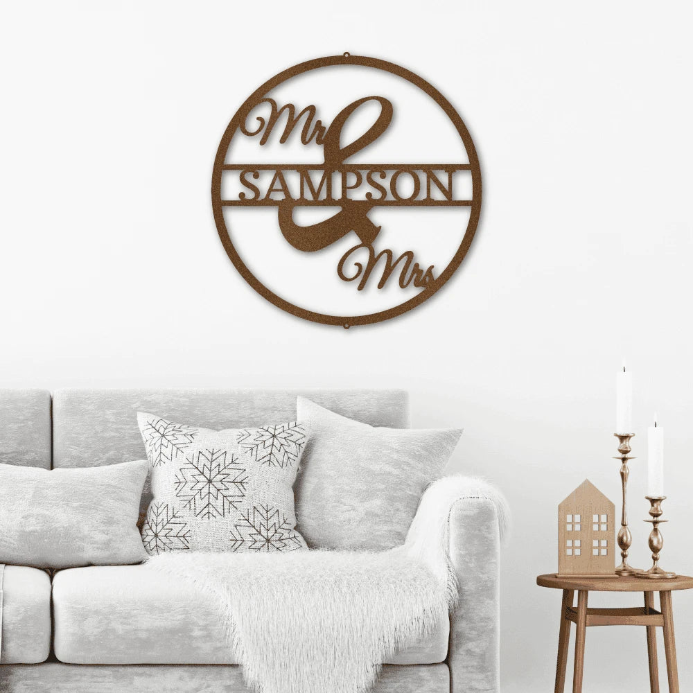 Personalized Mr and Mrs Circle Monogram Steel Art Wall Decor Metal Name Sign Laser Cut Metal Signs Custom Gift Ideas