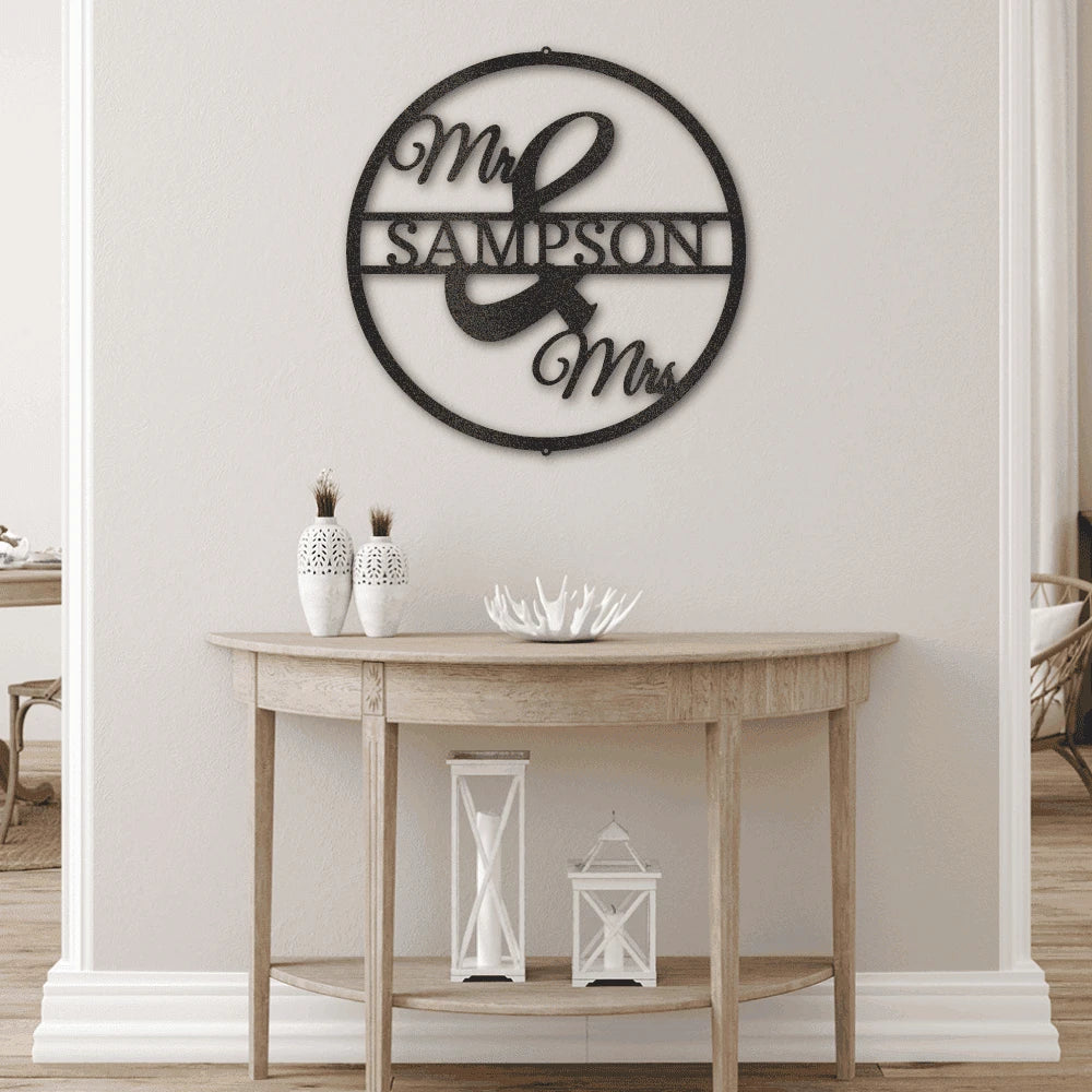 Personalized Mr and Mrs Circle Monogram Steel Art Wall Decor Metal Name Sign Laser Cut Metal Signs Custom Gift Ideas