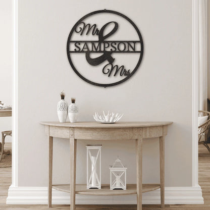 Personalized Mr and Mrs Circle Monogram Steel Art Wall Decor Metal Name Sign Laser Cut Metal Signs Custom Gift Ideas
