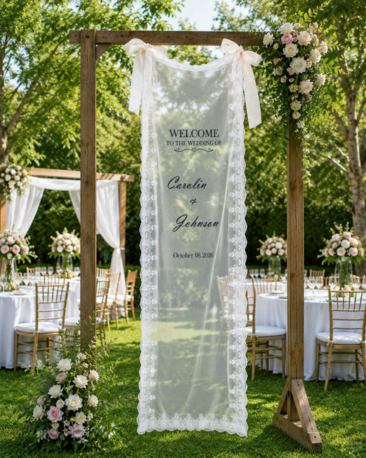 Elegant Personalized Wedding Welcome Banner with Lace Edging